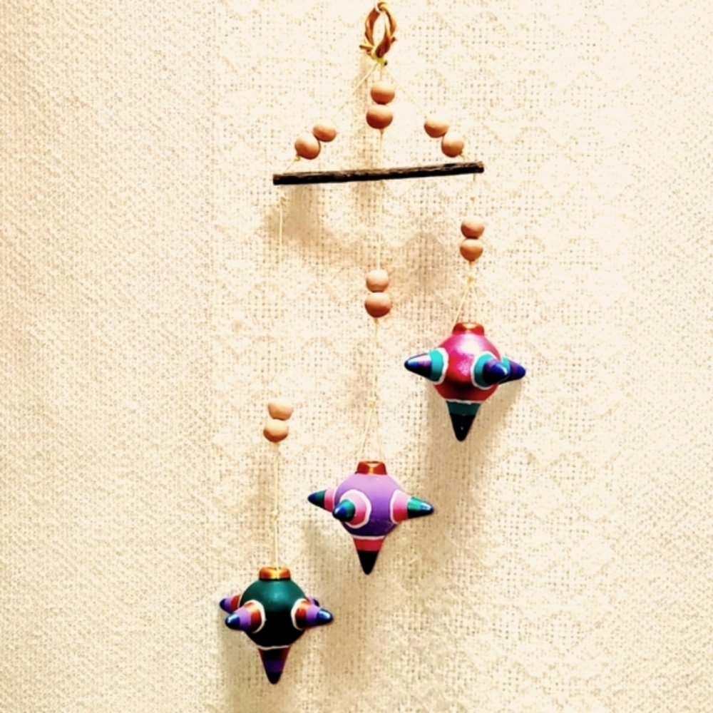 Folkart Mobile, 3 Metallic Painted Clay Piñatas, Mexican Hanging Decorat…